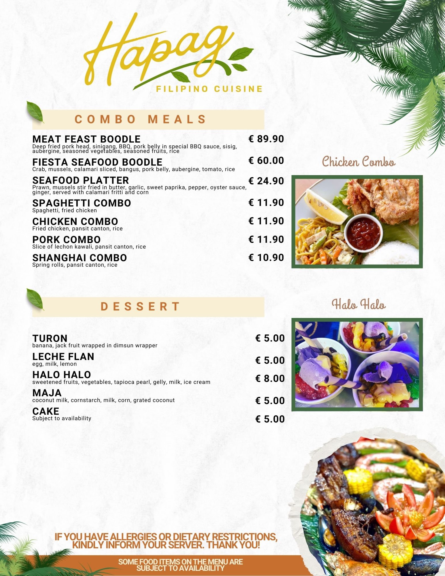 Hapag combo meals and desserts menu